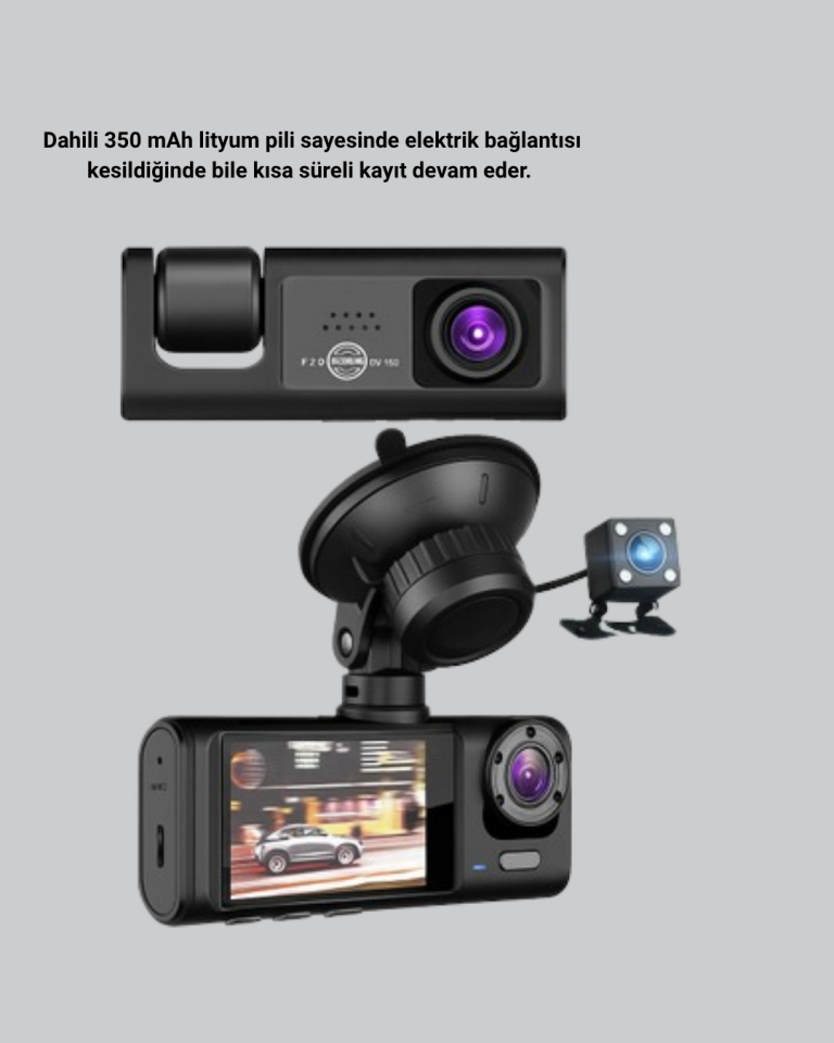 Üç Kameralı Araç İçi Kayıt Sistemi Full HD Gece Görüşlü ve G-Sensör Destekli - Lisinya