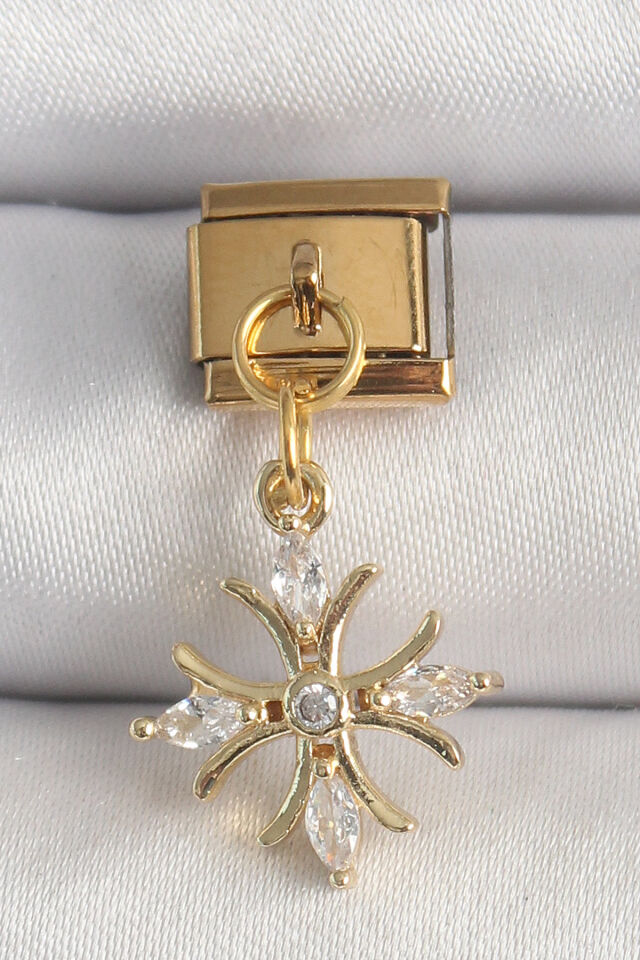 316L Çelik Gold Renk Sallantı Zirkon Taşlı Kar Tanesi Model Nomination Charm - Lisinya
