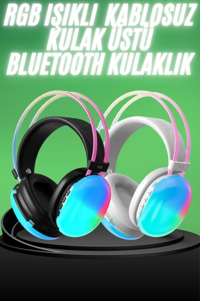 Yeni Nesil Kulak Üstü Kablosuz Uzun Ömürlü RGB Işıklı Bluetooth Kulaklık -Pembe