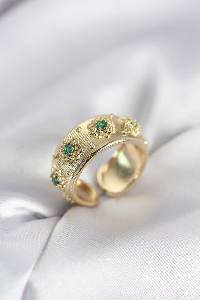 Yeşil Zirkon Taşlı Gold Renk Vintage Kadın Yüzük - Lisinya