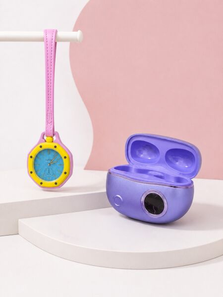 Mor Kablosuz Stereo Kulaklık ve Pembe Askılı Analog Çanta Saati Günlük Kullanım İkili Fırsat Seti - Lisinya