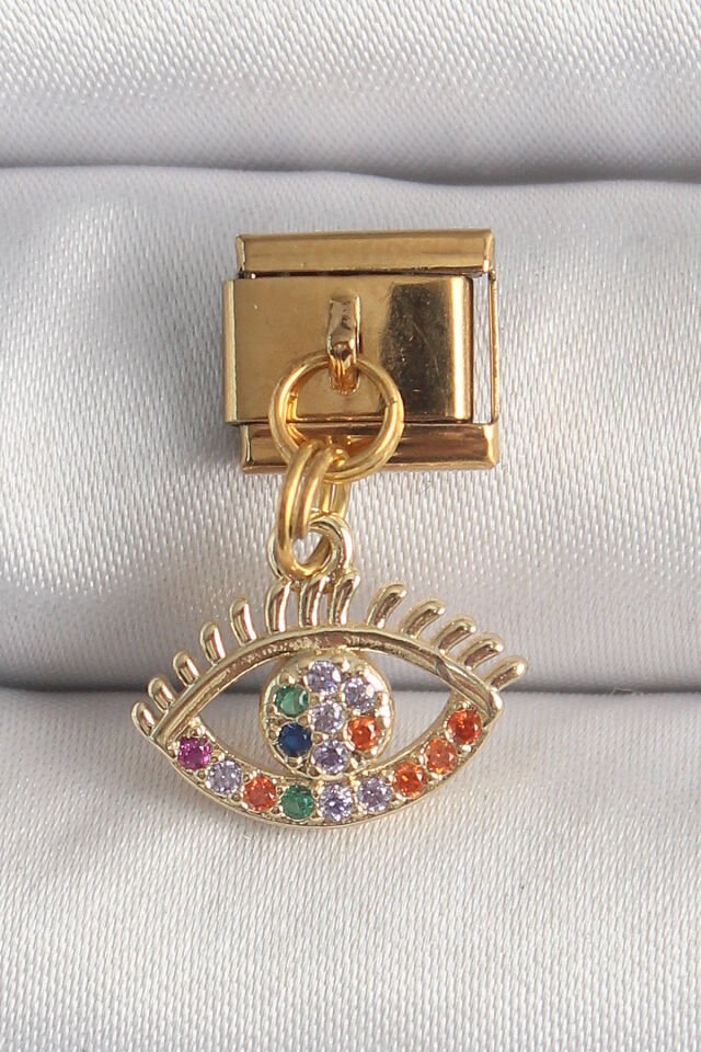 316L Çelik Gold Renk Sallantı Renkli Zirkon Taşlı Göz Model Nomination Charm - Lisinya