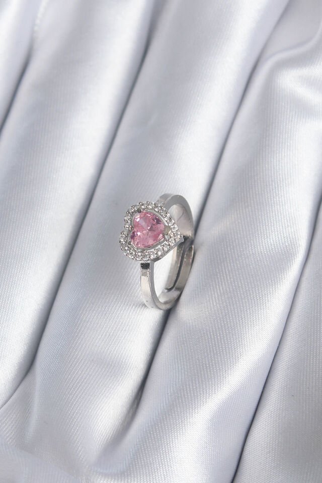 Pirinç Gümüş Renk Pembe Zirkon Taşlı Charm Model Kadın Yüzük - Lisinya