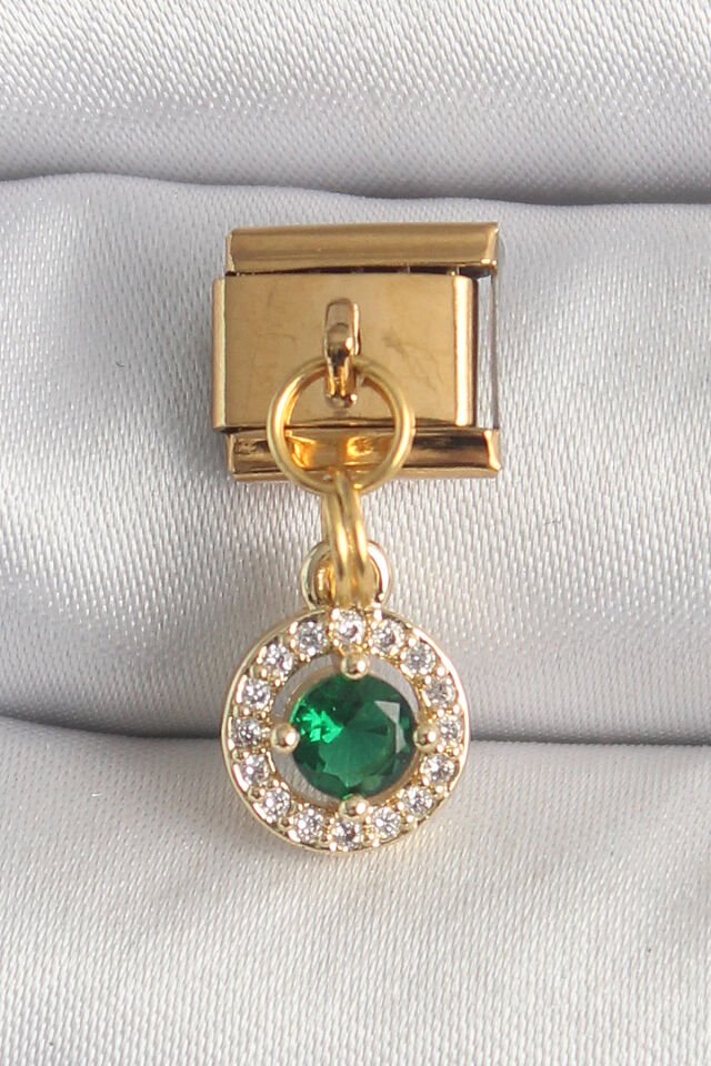 316L Çelik Gold Renk Sallantı Yeşil Zirkon Taşlı Nomination Charm - Lisinya