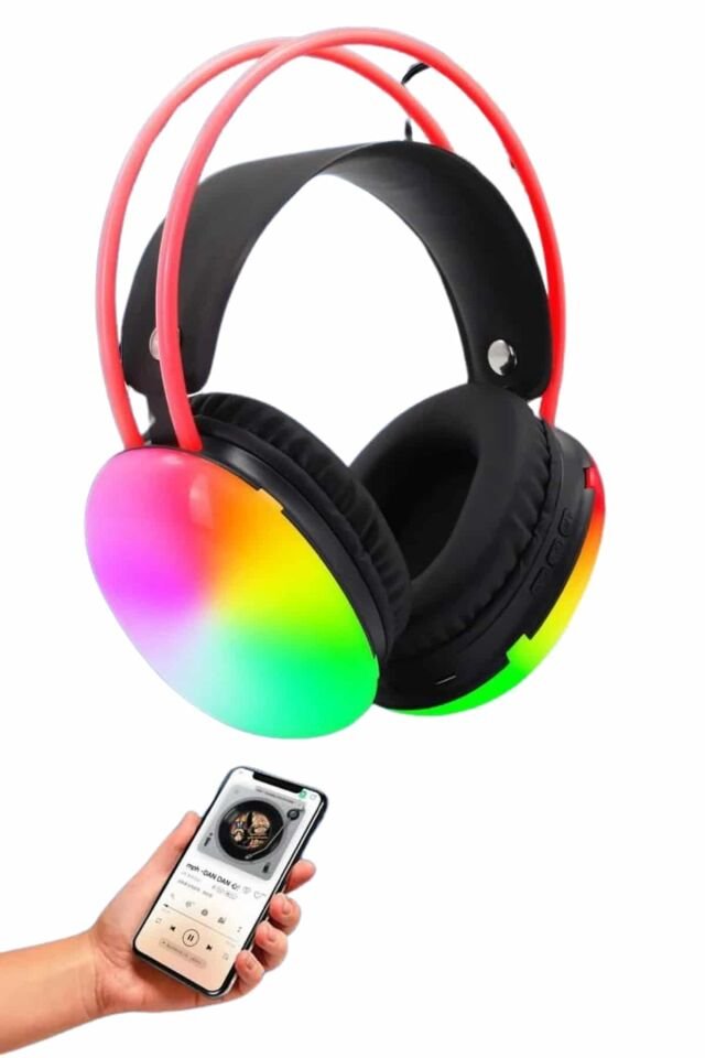 RGB Işıklı Yüksek Ses Kaliteli Kablosuz Kulak Üstü Bluetooth Kulaklık -Kırmızı