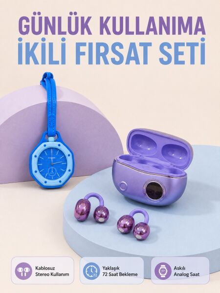 Şarj Kutulu Kablosuz Kulaklık ve Askılı Analog Charm Saat Kampanya Seti Mor Mavi - Lisinya
