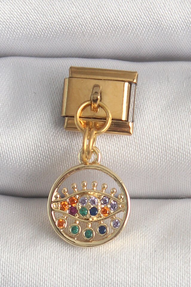 316L Çelik Gold Renk Sallantı Renkli Zirkon Taşlı Göz Model Nomination Charm - Lisinya