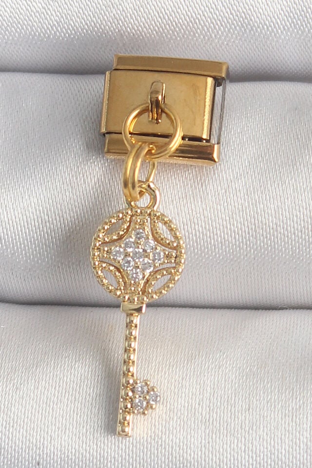 316L Çelik Gold Renk Sallantı Zirkon Taşlı Anahtar Model Nomination Charm - Lisinya