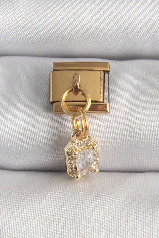 316L Çelik Gold Renk Sallantı Zirkon Taşlı Kare Model Nomination Charm - Lisinya