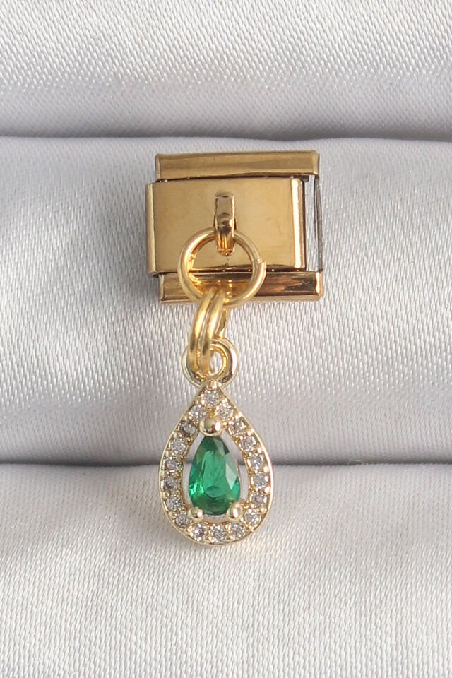 316L Çelik Gold Renk Sallantı Damla Yeşil Zirkon Taşlı Nomination Charm - Lisinya