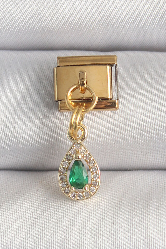 316L Çelik Gold Renk Sallantı Damla Yeşil Zirkon Taşlı Nomination Charm - Lisinya