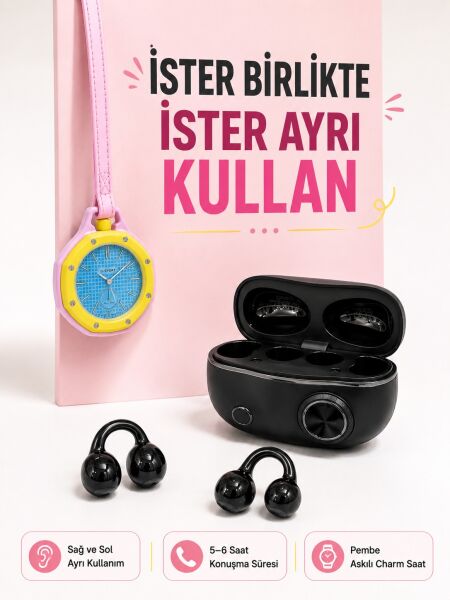 Kablosuz Kulaklık ve Pembe Askılı Çanta Charm Analog Saat Kampanya Seti - Lisinya