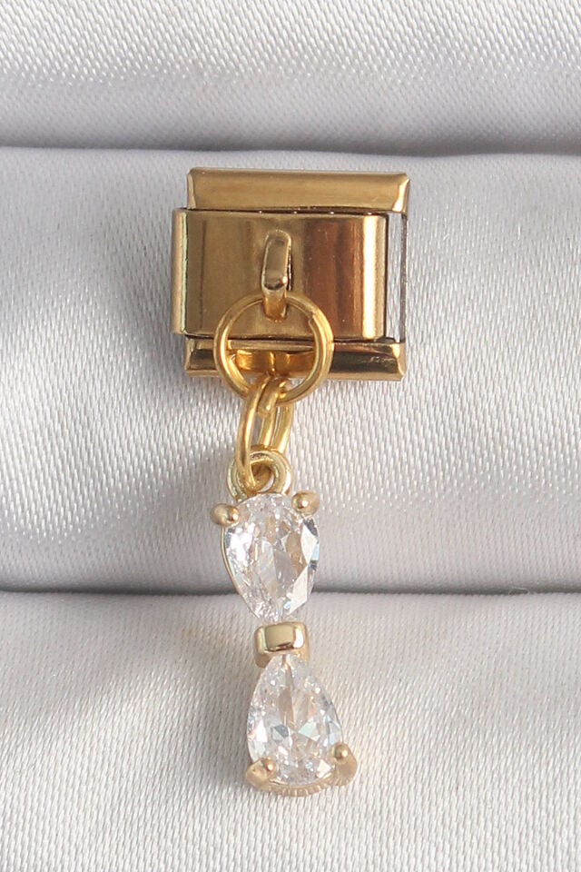 316L Çelik Gold Renk Sallantı Zirkon Taşlı Kurdele Model Nomination Charm - Lisinya