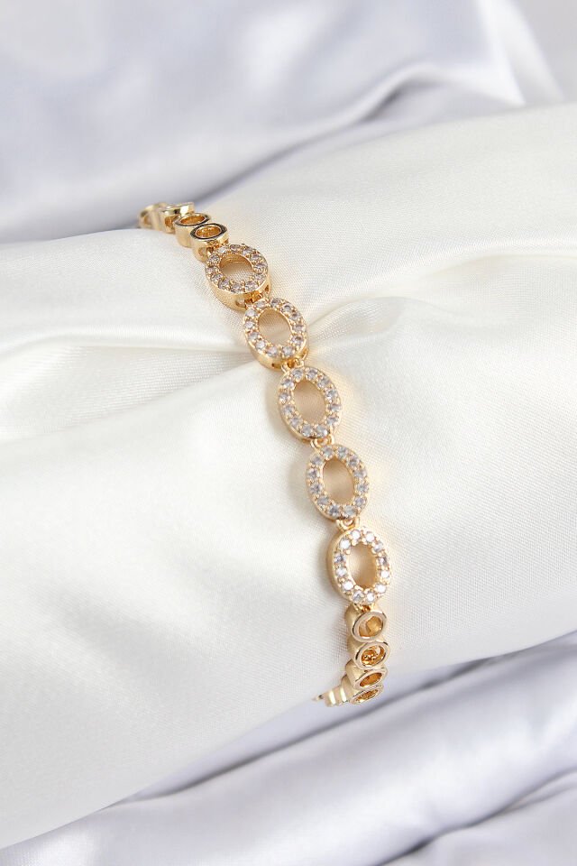 Pirinç Zirkon Taşlı Oval Model Gold Renk Kadın Bileklik - Lisinya