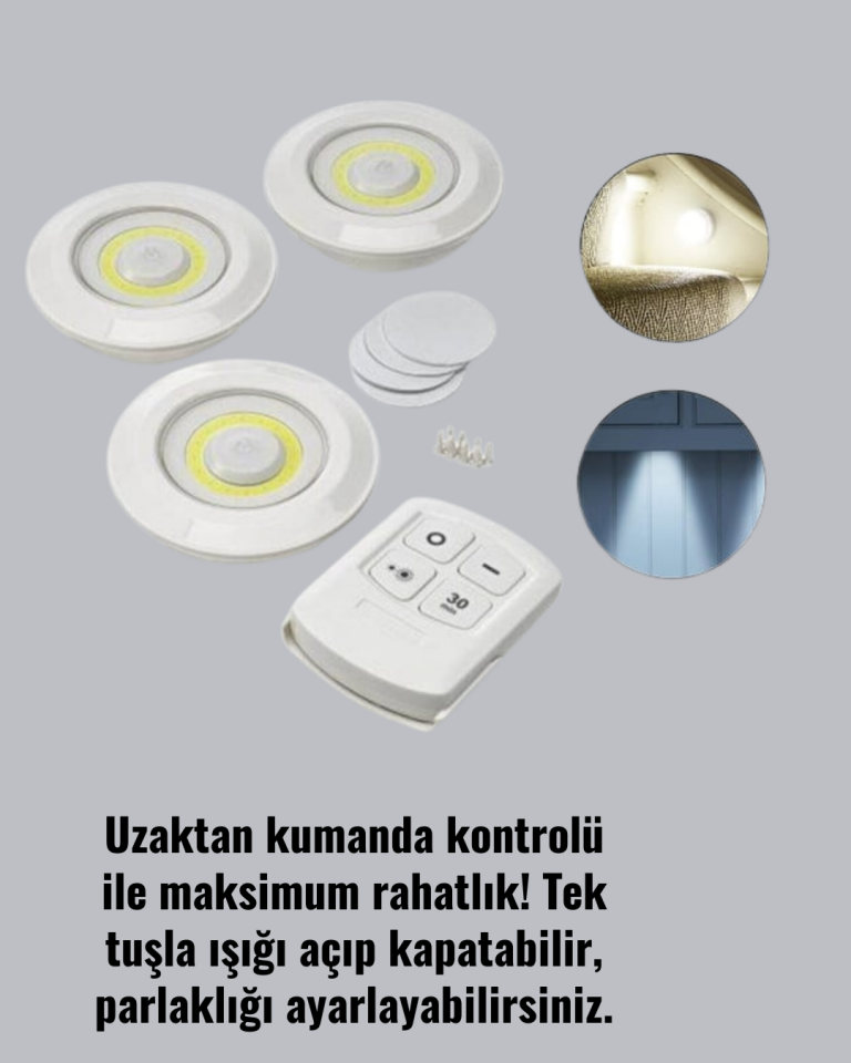 Uzaktan Kumanda İle Kontrol Edilebilen Yapışkanlı 3 Lü Kablosuz Led Spot Lamba - Lisinya