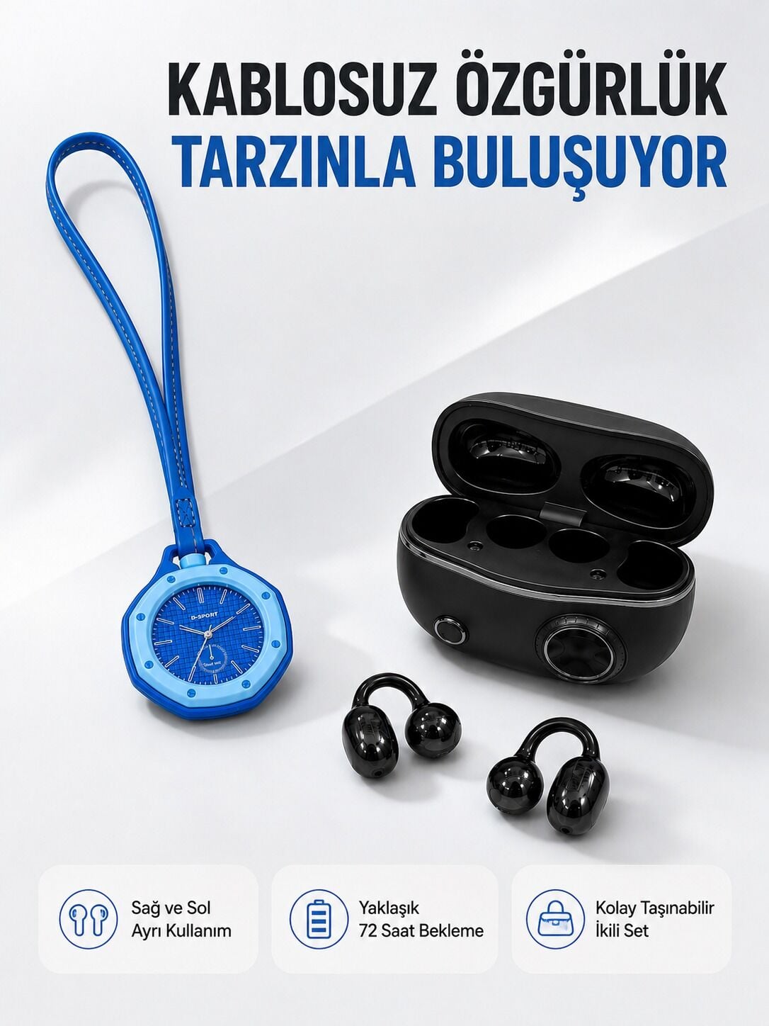 Kablosuz Kulaklık ve Mavi Çanta Charm Saat Kampanya Seti Taşınabilir Günlük Kullanım - Lisinya