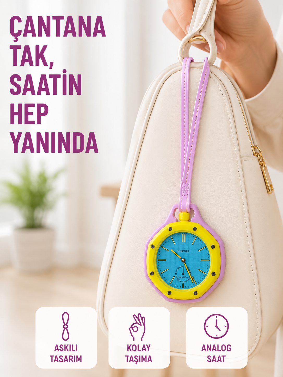 Anahtarlık Çanta Charmı Askılı Analog Dekoratif Saat Pembe - Lisinya