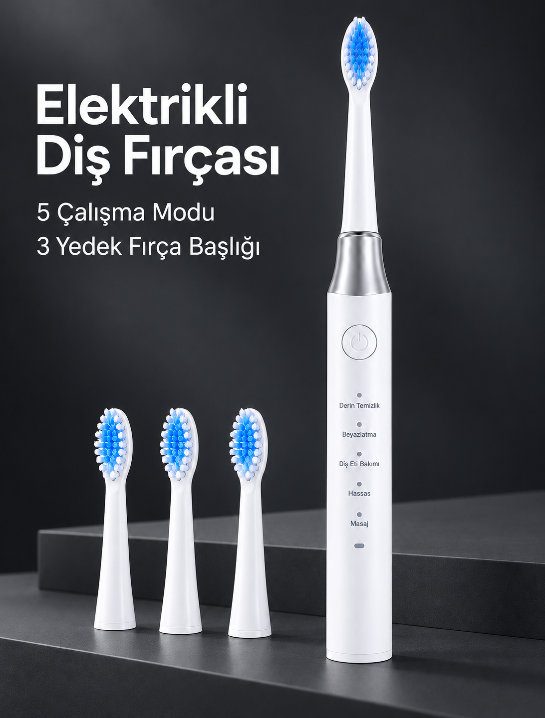 5 Çalışma Modlu Beyaz Elektrikli Diş Fırçası 3 Yedek Başlık Hediyeli - Lisinya