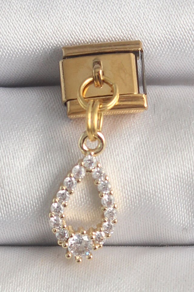 316L Çelik Gold Renk Sallantı Zirkon Taşlı Damla Model Nomination Charm - Lisinya