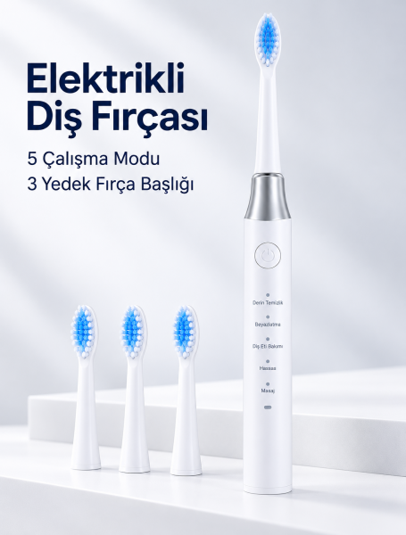 3 Yedek Başlık Hediyeli USB Şarjlı Beyaz Elektrikli Diş Fırçası - Lisinya
