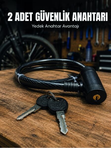 12 mm Çelik Halat Bisiklet Kilidi 80 cm Anahtarlı Güvenlik Kilidi PVC Kaplamalı Scooter ve Elektrikli Bisiklet Uyumlu - Lisinya