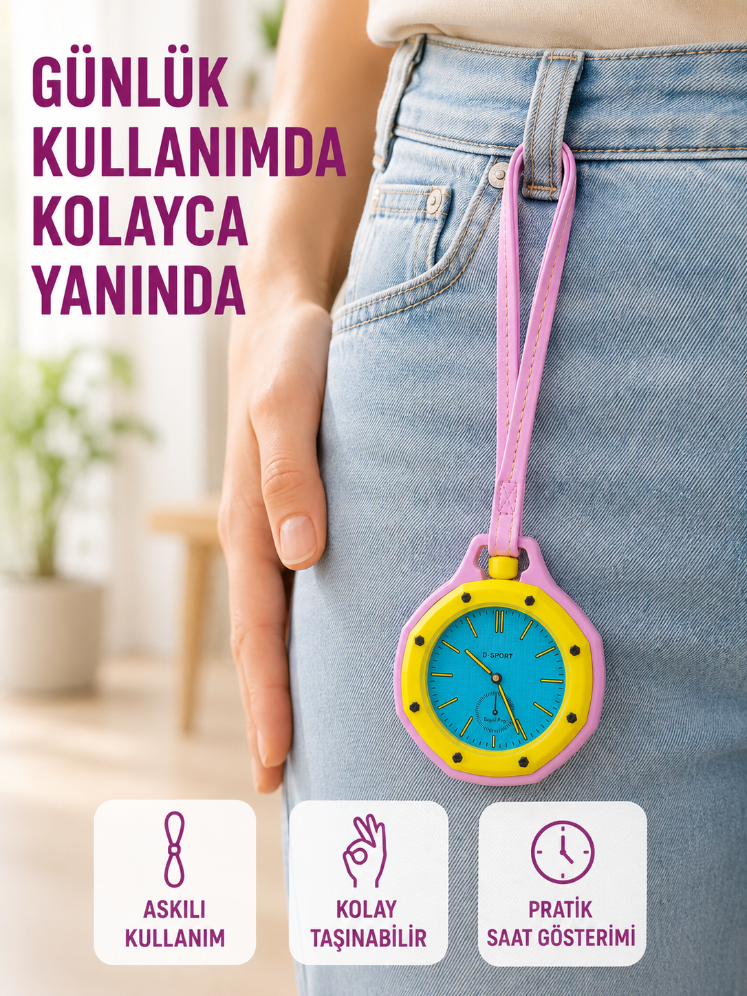 Askılı Analog Taşınabilir Saat Çanta Charmı Günlük Aksesuar Pembe - Lisinya