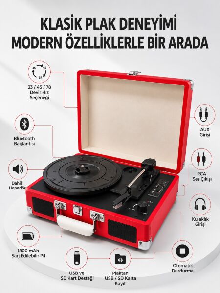 Bluetooth Bağlantılı Portatif Pikap 33 45 78 Devir Dahili Hoparlör ve Şarj Edilebilir Pil