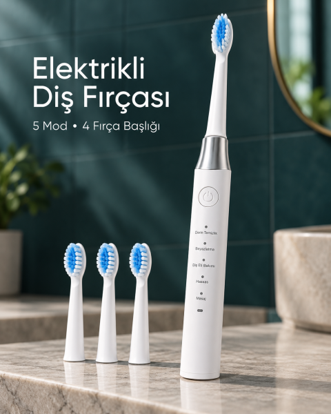 Değiştirilebilir Başlıklı Beyaz Elektrikli Diş Fırçası 5 Mod ve 3 Yedek Başlık - Lisinya