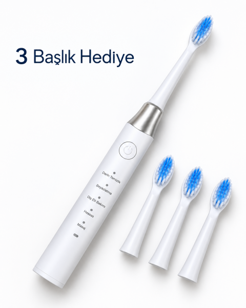 1. Hassas ve Masaj Modlu USB Şarjlı Beyaz Elektrikli Diş Fırçası 3 Başlık Hediyeli - Lisinya