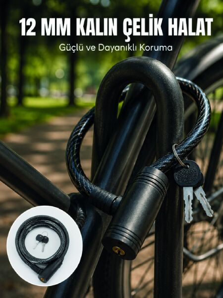 Anahtarlı Çelik Halat Kilit 12 mm Güçlü Bisiklet Kilidi 80 cm PVC Kaplamalı Elektrikli Scooter ve Motosiklet Uyumlu - Lisinya