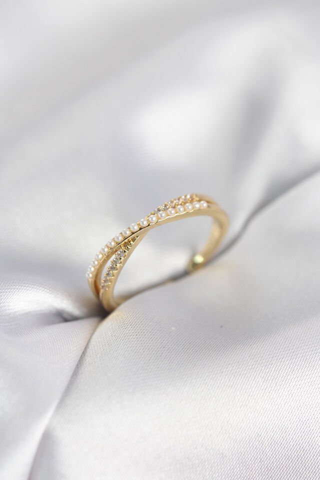 İncili ve Zirkon Taşlı Gold Renk Kadın Yüzük - Lisinya