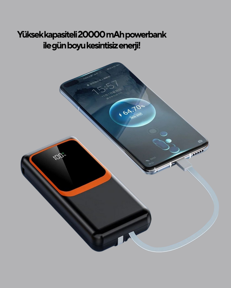 Powerbank 20000 mAh Dijital Ekranlı ve Çok Kablolu Hızlı Şarj Cihazı - Lisinya