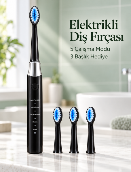 Günlük Ağız Bakımı İçin Şarj Edilebilir 5 Modlu Siyah Elektrikli Diş Fırçası - Lisinya