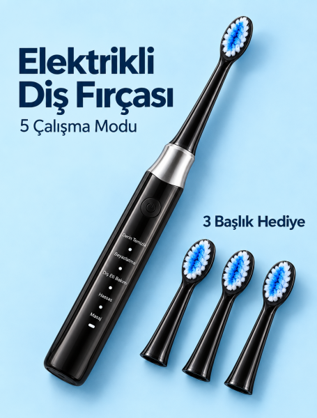 Değiştirilebilir Başlıklı Siyah Elektrikli Diş Fırçası 5 Mod ve 3 Yedek Başlık - Lisinya