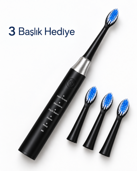 Hassas ve Masaj Modlu Siyah Elektrikli Diş Fırçası USB Şarjlı 3 Başlık Hediyeli - Lisinya