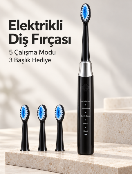 Hassas ve Masaj Modlu Siyah Elektrikli Diş Fırçası USB Şarjlı 3 Başlık Hediyeli - Lisinya