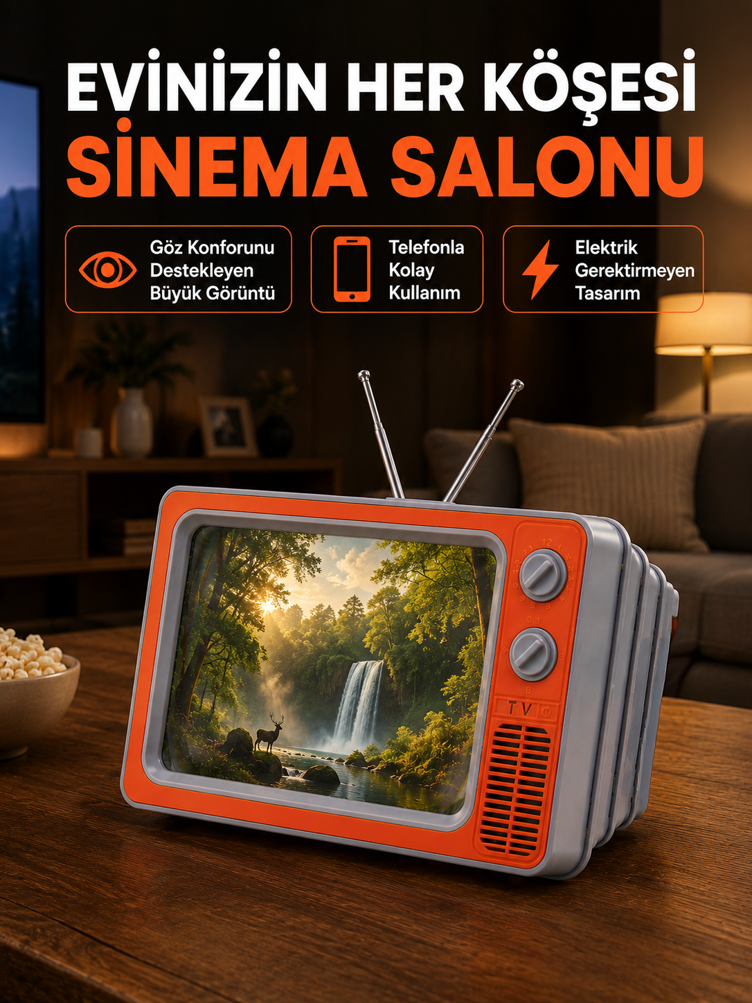 Telefon İçin 12 İnç Ekran Büyütücü Retro Televizyon Tasarımı HD Film İzleme Katlanabilir Stand - Lisinya