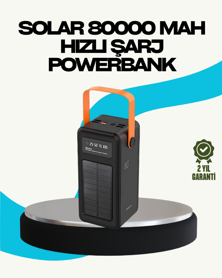 80000 mAh Güneş Enerjili Powerbank 4 Kablolu Type C Lightning Micro USB - Lisinya