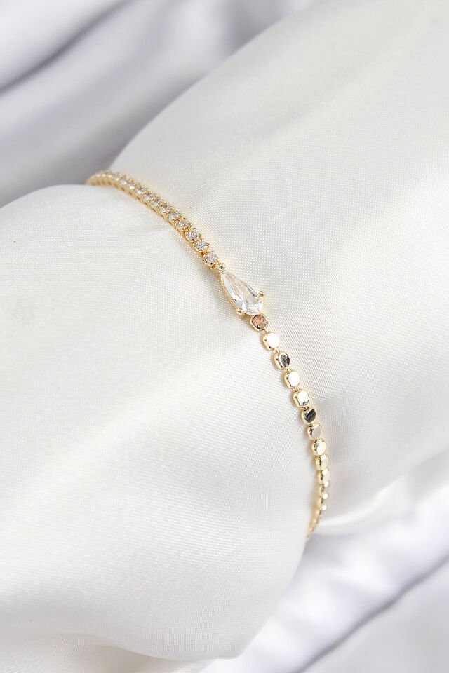 Pirinç Zirkon Taşlı Damla Model Ezme Zincir Gold Renk Kadın Bileklik - Lisinya