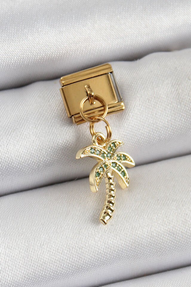 316L Çelik Sallantılı Zirkon Taşlı Palmiye Ağacı Model Gold Renk Nomination Charm - Lisinya