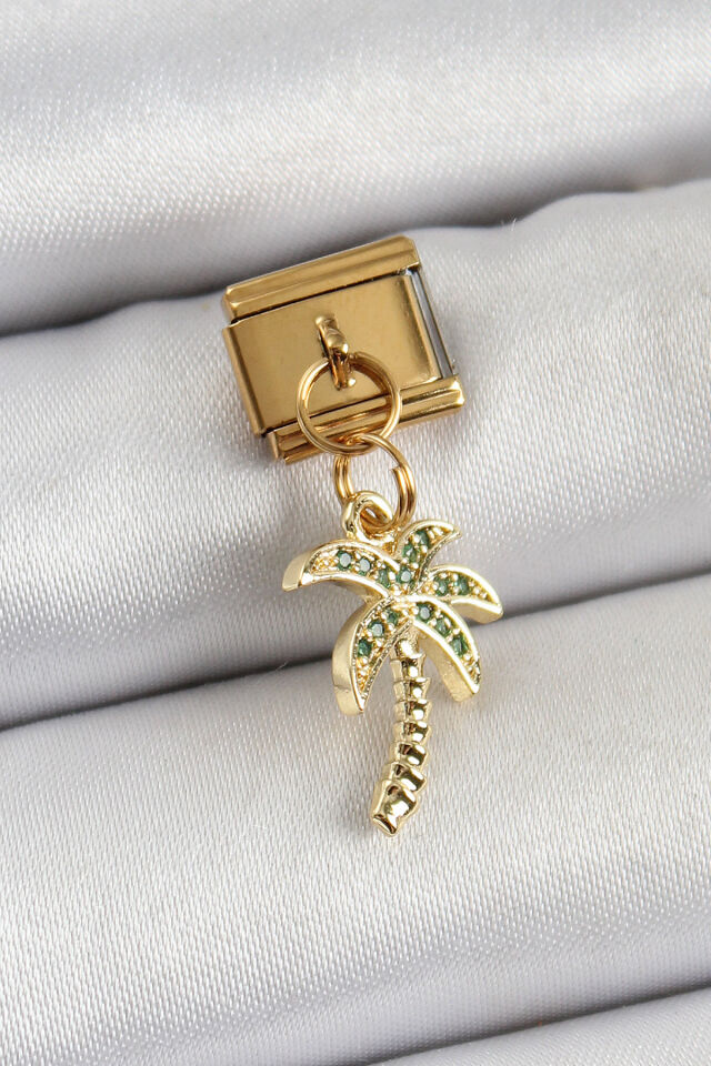 316L Çelik Sallantılı Zirkon Taşlı Palmiye Ağacı Model Gold Renk Nomination Charm - Lisinya