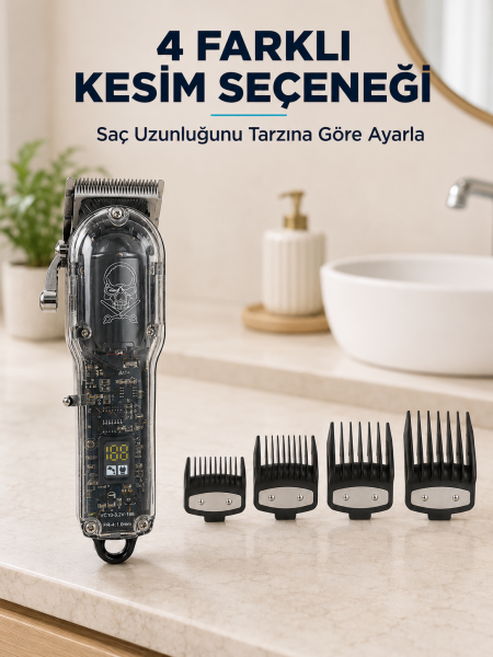 Saç Kesme ve Tıraş Makinesi 4 Kılavuz Taraklı Ayarlanabilir Bıçaklı LCD Ekranlı Şarj Edilebilir Profesyonel Tasarım - Lisinya