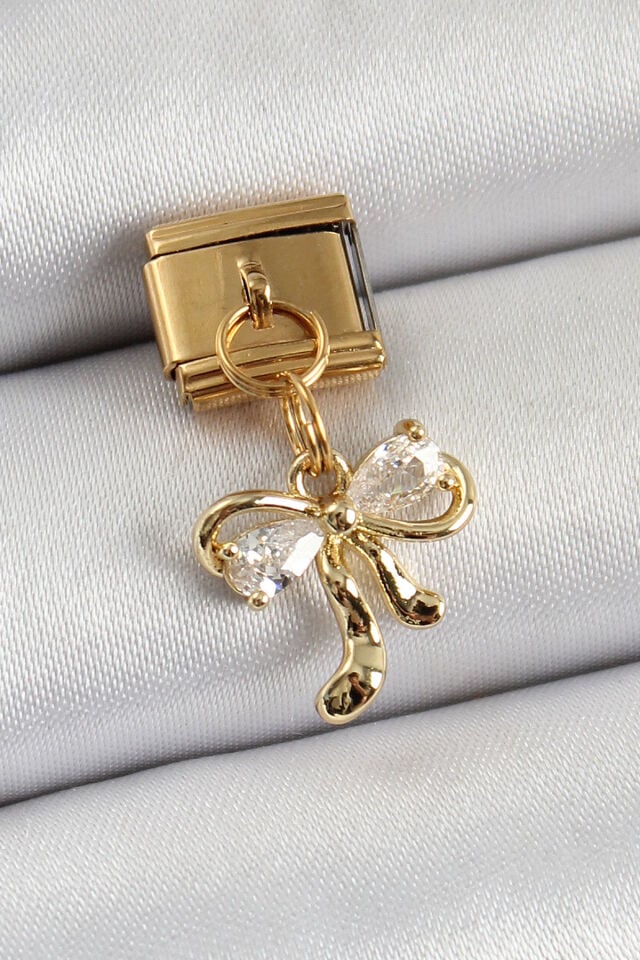316L Çelik Sallantılı Zirkon Taşlı Fiyonk Model Gold Renk Nomination Charm - Lisinya