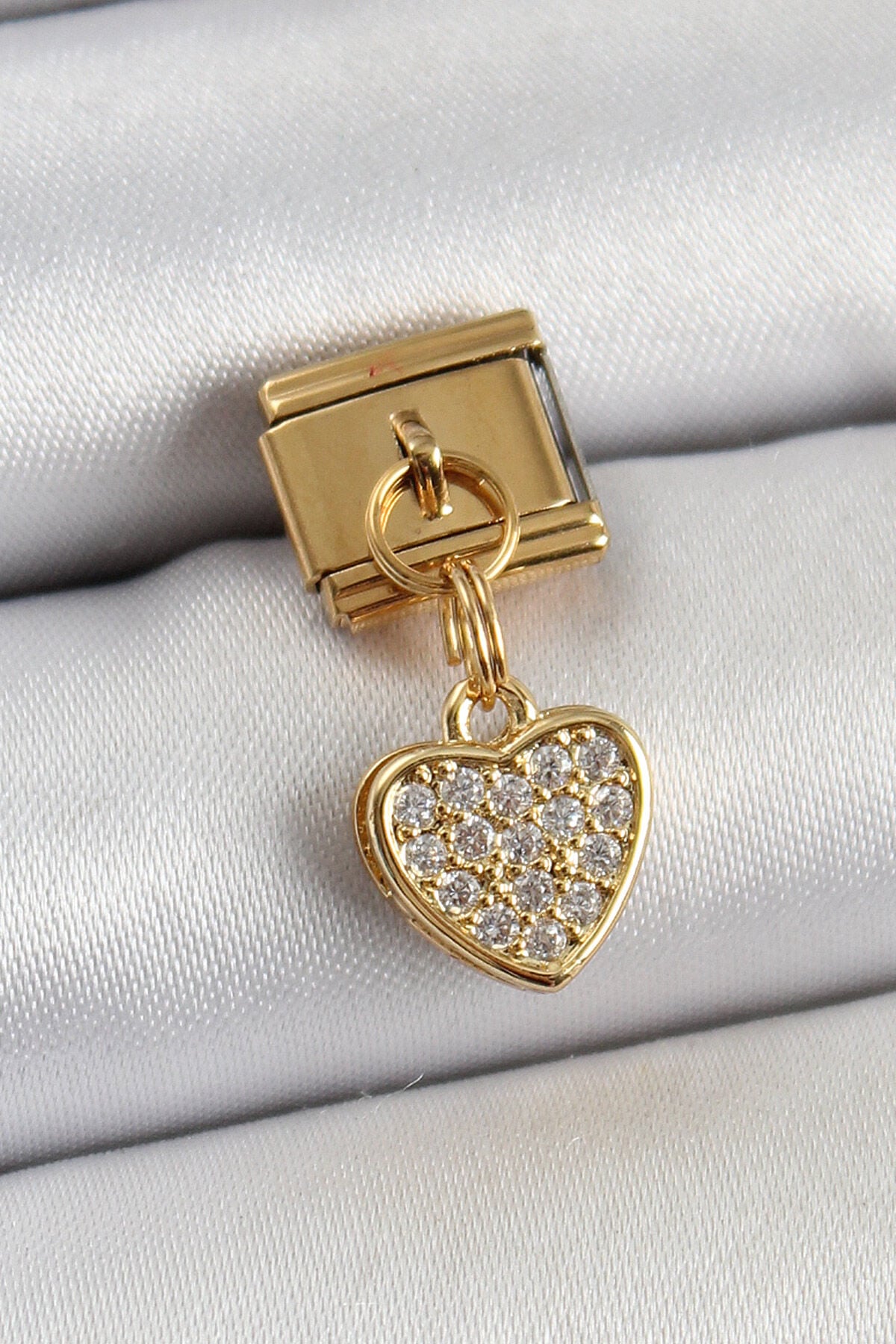 316L Çelik Sallantılı Zirkon Taşlı Kalp Model Gold Renk Nomination Charm - Lisinya