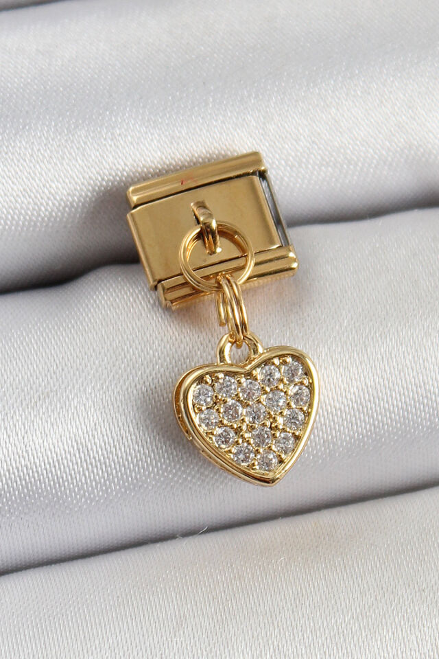 316L Çelik Sallantılı Zirkon Taşlı Kalp Model Gold Renk Nomination Charm - Lisinya