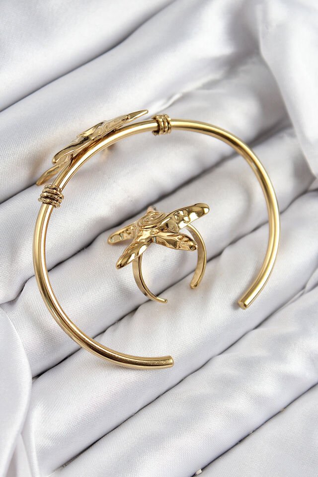 Pirinç Deniz Yıldızı Model Gold Renk Bileklik Yüzük Set - Lisinya