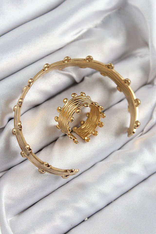 Pirinç Topcuk Model Gold Renk Bileklik Yüzük Set - Lisinya