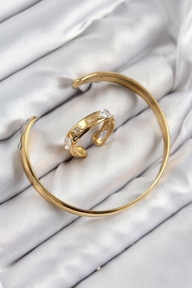 Pirinç Zirkon Taşlı Ayrık Model Gold Renk Bileklik Yüzük Set - Lisinya
