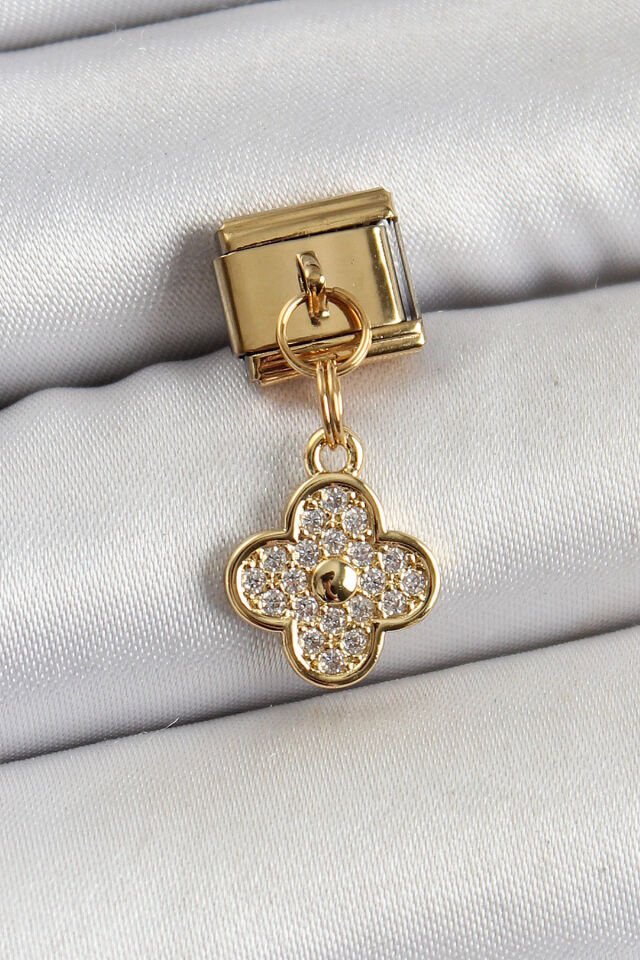 316L Çelik Sallantılı Zirkon Taşlı Yonca Model Gold Renk Nomination Charm - Lisinya