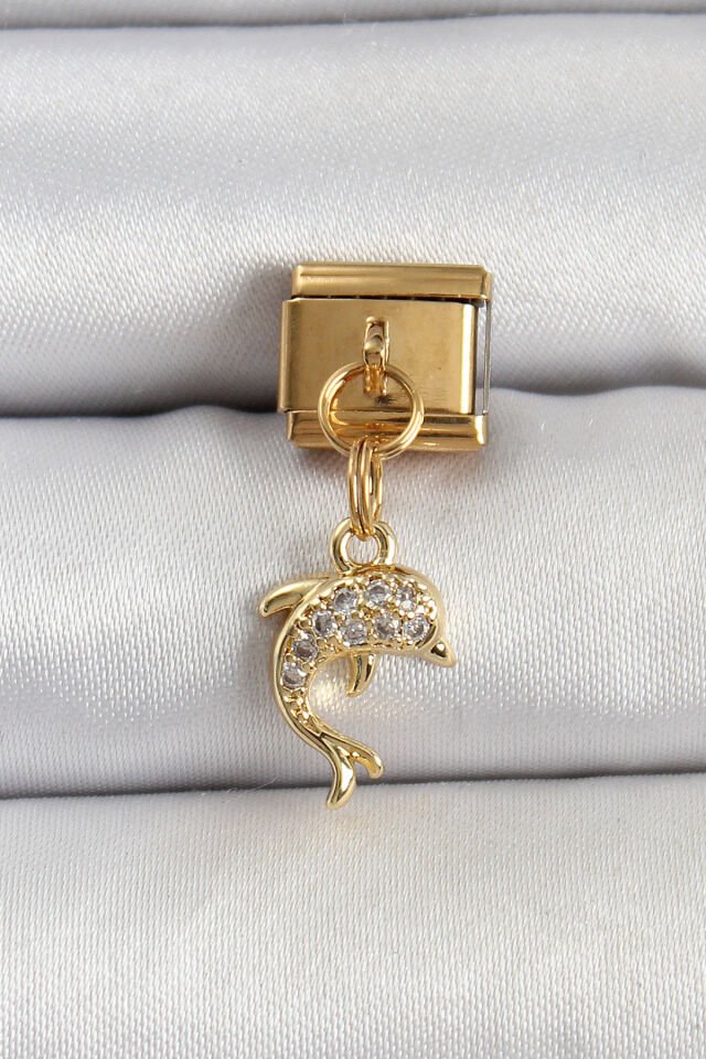 316L Çelik Sallantılı Zirkon Taşlı Yunus Balığı Model Gold Renk Nomination Charm - Lisinya